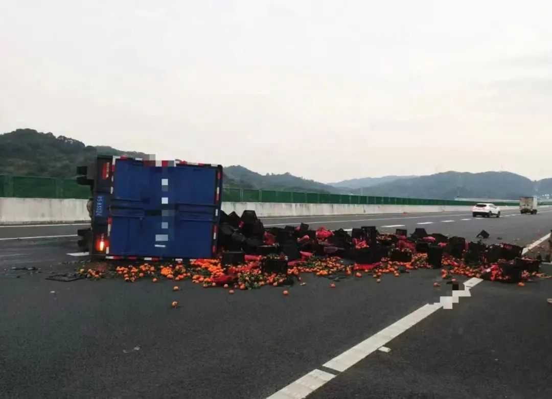 2023.01.25平安守护｜货车侧翻柑橘散落满地，高速交警及时处置救援1.jpg