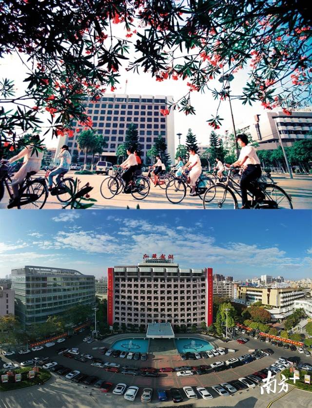 上图：1988年，汕头市龙湖区政府门前，市民骑着自行车上班。下图：2020年，汕头市龙湖区政府门前停满小汽车。