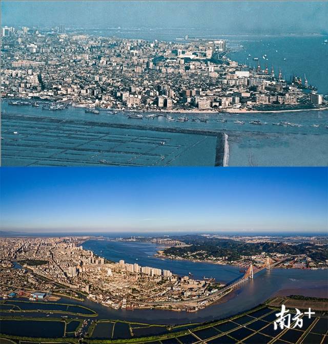 上图：1985年，汕头市西边城区。下图：2020年，汕头市西边城区。